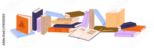 Open and closed paper books. Horizontal row of different textbooks. Novels, fictions with decorated covers. Literature for reading, learning. Flat isolated vector illustration on white background