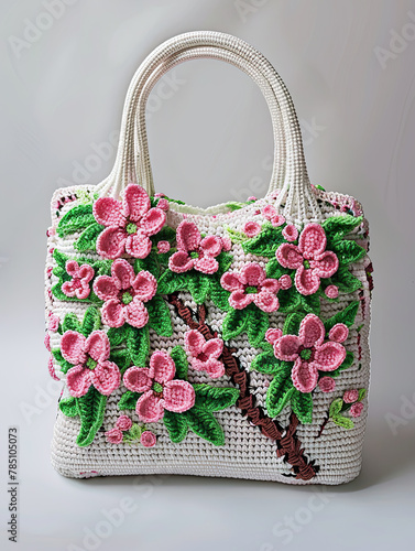 crotchet handbag with green and pink flowers s
