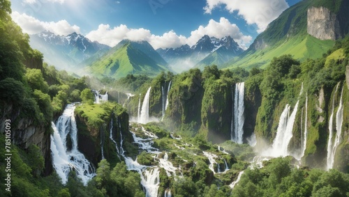 A beautiful landscape with waterfalls and mountains in the background