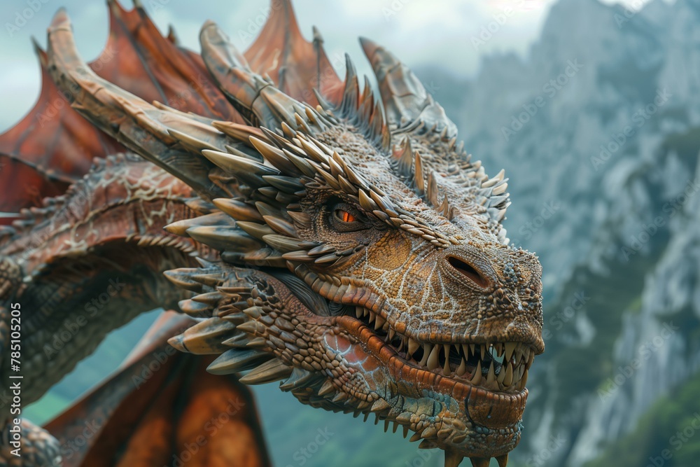 medieval style dragon close up with mountains view in the background medieval style dragon close up with mountains view in the background