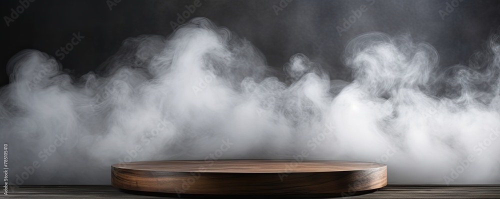 gray background with a wooden table and smoke. Space for product presentation, studio shot, photorealistic, high resolution image