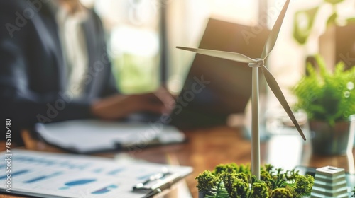 Wind turbine model on desk with analytical business charts and blurred professional in background