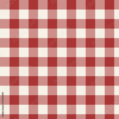 Seamless pixel and checkered patterns in red and beige for textile design. Gingham pattern with square-shaped graphic background for a fabric print. Vector illustration.