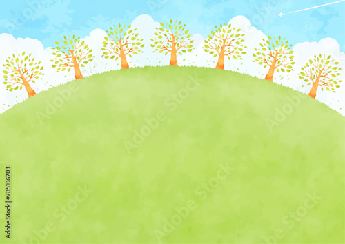 野原と木と青空の風景イラスト