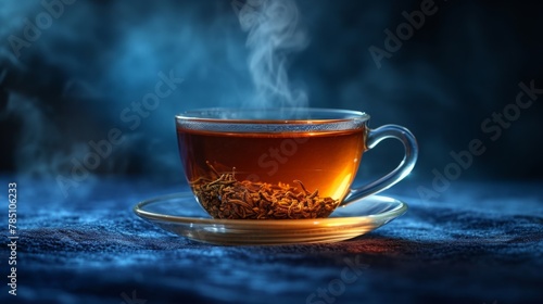 A steaming cup of tea a wisp of fragrant steam curling upwards against a deep blue velvety background.