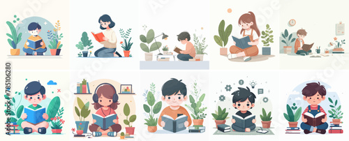 Flat design kid reading book scene