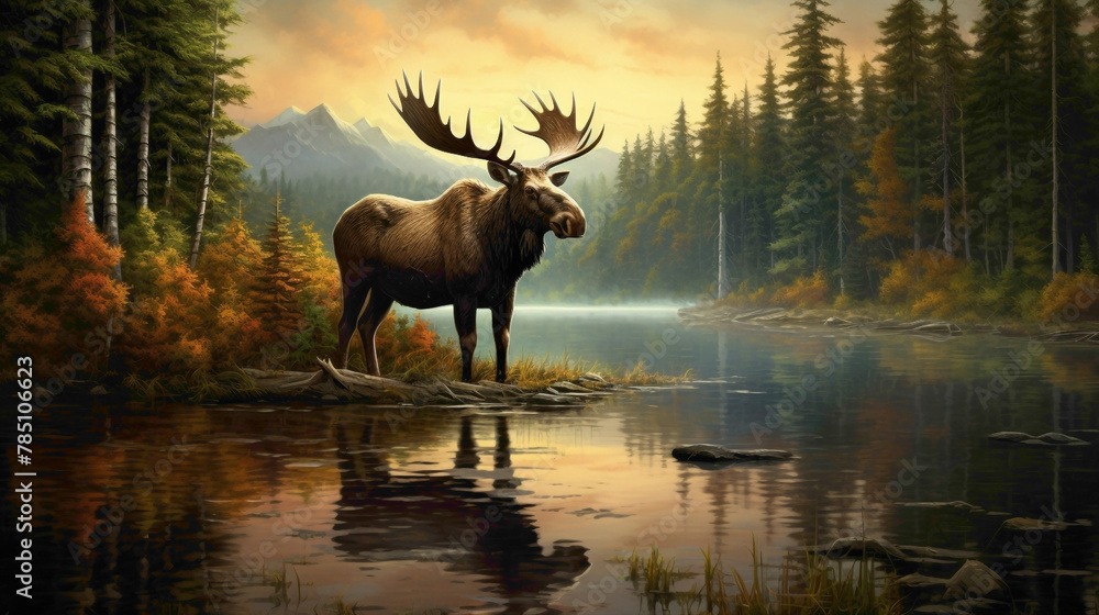 Majestic moose standing at the edge of a tranquil forest lake, its impressive antlers reflected in the still water, a symbol of strength and grace. - obrazy, fototapety, plakaty 
