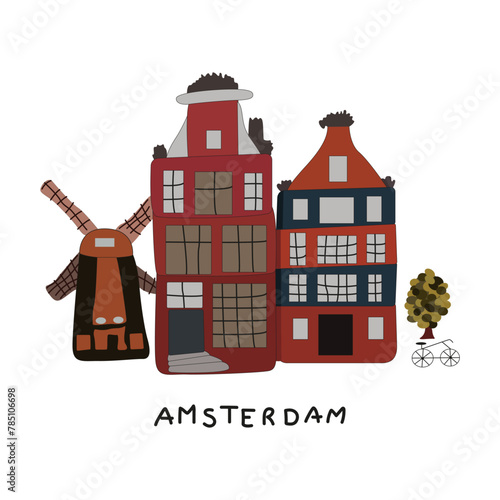 Beautiful vintage colored buildings of Amsterdam, vector travel poster, Amsterdam detailed monuments silhouette