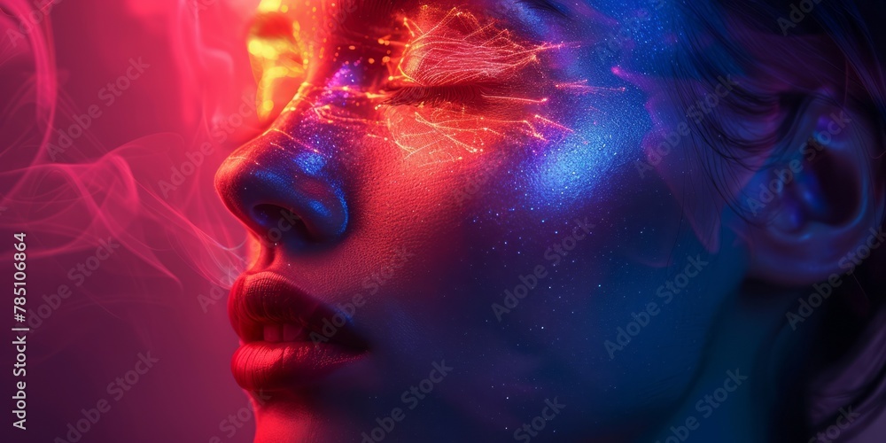 Fashion portrait of beautiful young woman with red neon light on her face Fashion portrait of beautiful young woman with red neon light on her face
