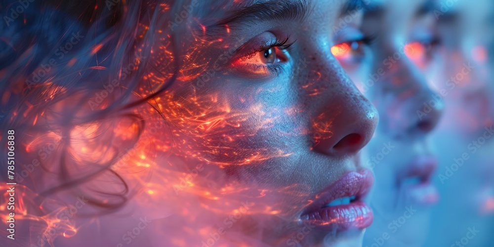 Close up portrait of a beautiful woman with red smoke in her face Close up portrait of a beautiful woman with red smoke in her face