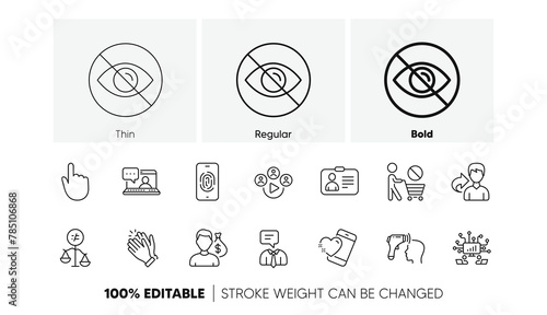Share, Discrimination and Heart line icons. Pack of Hand click, Not looking, Fingerprint icon. Support service, Friends chat, Stop shopping pictogram. Electronic thermometer, Salary. Vector