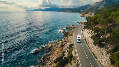 motorhome rides along the road along the coast of the sea in summer , aerial view