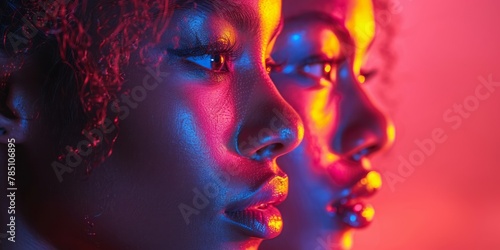 Close-up portrait of two beautiful african american women in neon light