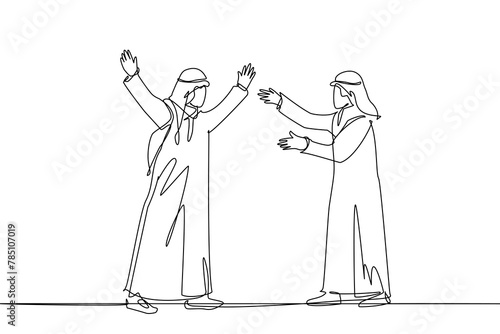 one line draws two young men wearing robes and turbans walking face to face while preparing to hug each other. Muslim man. long time no see friend. seekers of knowledge who meet again