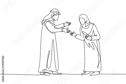 single continuous line drawing An elderly man and elderly woman walk face to face while preparing to hug. elderly men wearing robes and sorbah. Elderly women also wear robes and headscarves