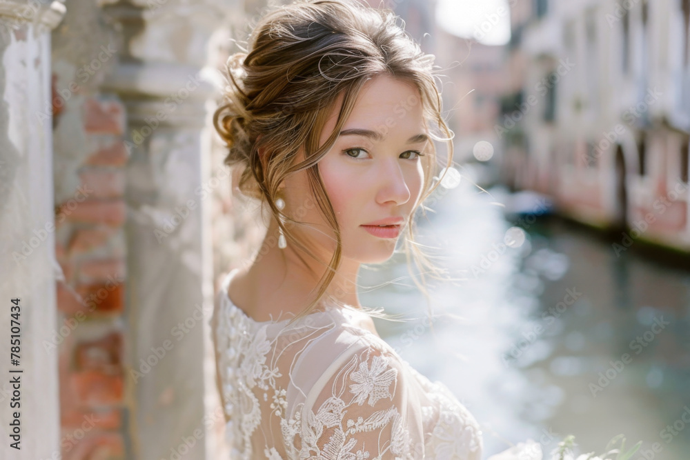 Portrait of a beautiful bride in a white wedding dress on the background of the venetian canal Portrait of a beautiful bride in a white wedding dress on the background of the venetian canal