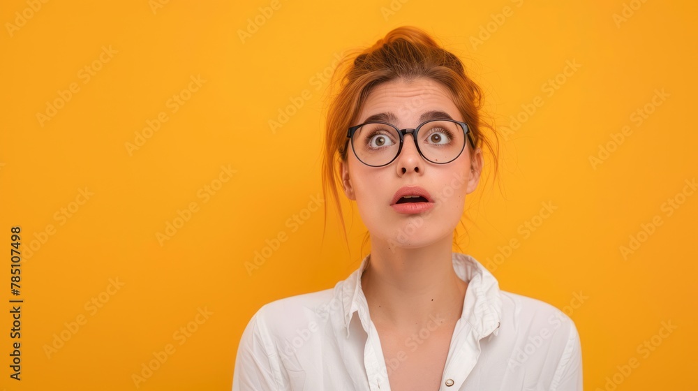 Young woman with surprised expression on yellow background. Emotional reaction, curiosity concept.