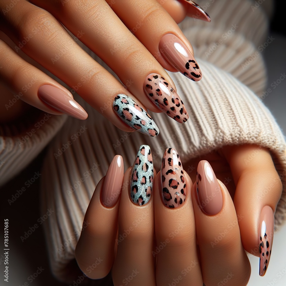 Hands with a beautiful manicure in the style of leopard spots. Generative AI Hands with a beautiful manicure in the style of leopard spots. Generative AI