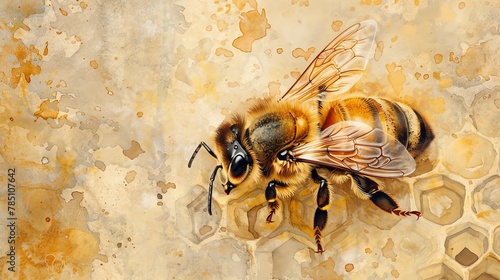Design a bee seen from a top-down perspective, elegantly gliding over a textured honeycomb in a detailed watercolor piece, blending soft hues for a serene feel