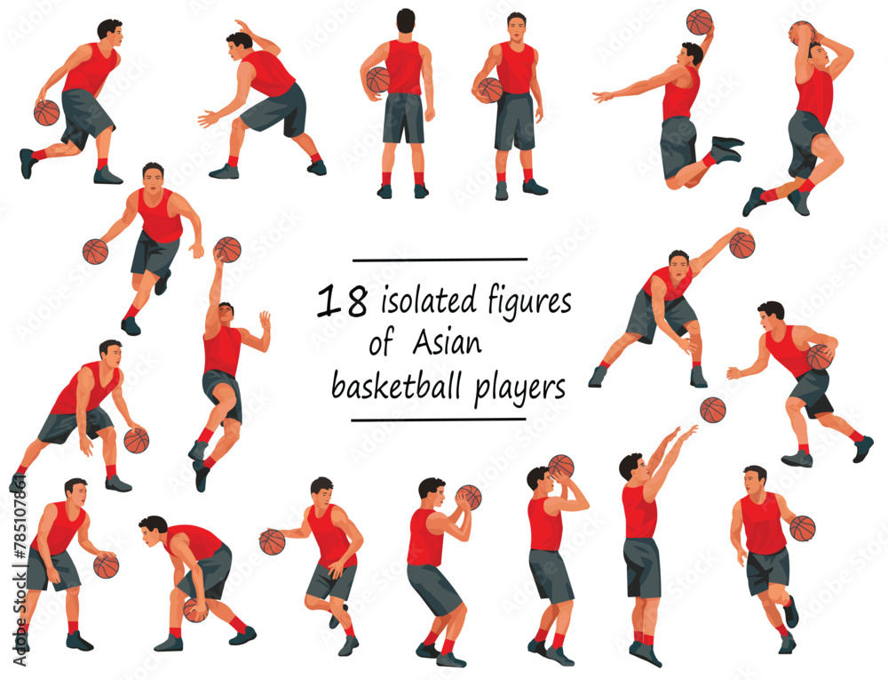 18 Asian basketball players in red jersey standing with the ball, running, jumping, throwing, shooting, passing the ball