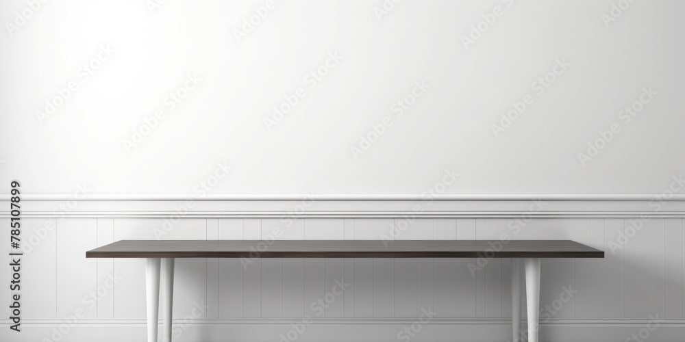 Fototapeta premium Empty gray table against a white wall. Display, Board, stage for presentation and demonstration of the product. Mounting. Mockup.