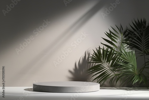 Gray background with shadows of palm leaves on a gray wall, an empty table top for product presentation. A mockup banner