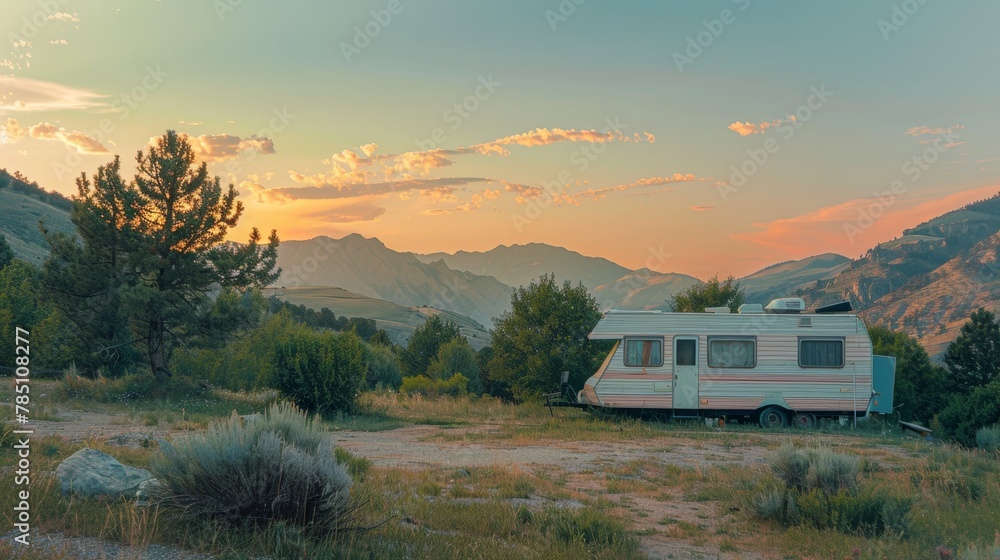A mobile home trailer is parked in the mountains at sunset in summer A mobile home trailer is parked in the mountains at sunset in summer