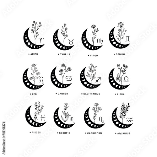 12 zodiac signs with moon, flower and stars. Celestial constellations