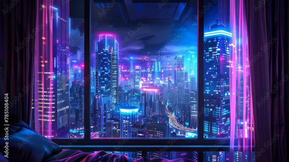 View from window at city with Down Town Street with Skyscrapers at Night with Neon Lights. View from window at city with Down Town Street with Skyscrapers at Night with Neon Lights.