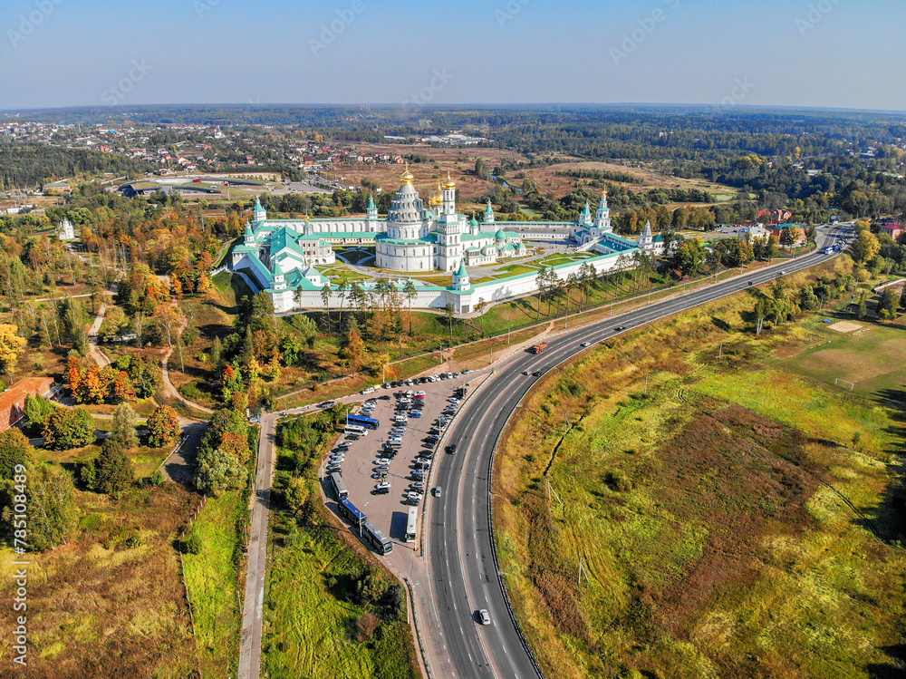 Aerial drone view of the Resurrection Cathedral of the New Jerusalem Monastery in autumn. Moscow region, Istra, Russia