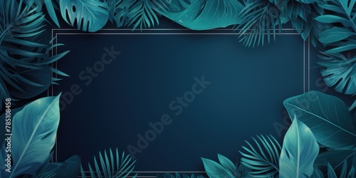 Blue frame background, tropical leaves and plants around the blue rectangle in the middle of the photo with space for text
