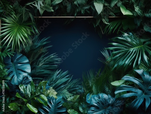 Blue frame background  tropical leaves and plants around the blue rectangle in the middle of the photo with space for text