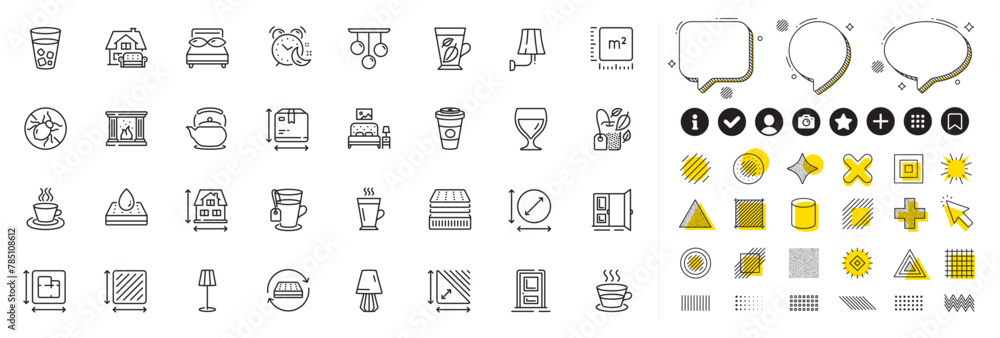 Obraz premium Set of Latte, Ceiling lamp and Takeaway coffee line icons for web app. Design elements, Social media icons. Entrance, Deluxe mattress, Waterproof mattress icons. Vector