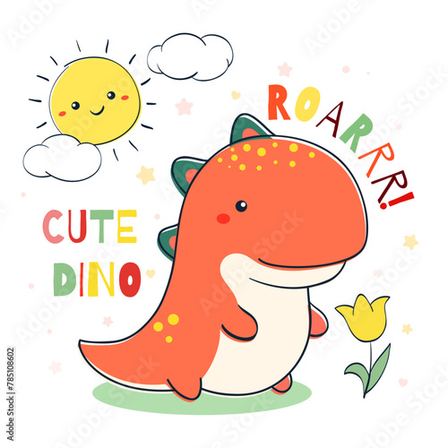 Doodle style illustration with cute dino, cloud, sun and flower. Sketch in hand drawn style with smiling cartoon dinosaur. Can be used for kids room poster, card, print, t-shirt design. Vector EPS8