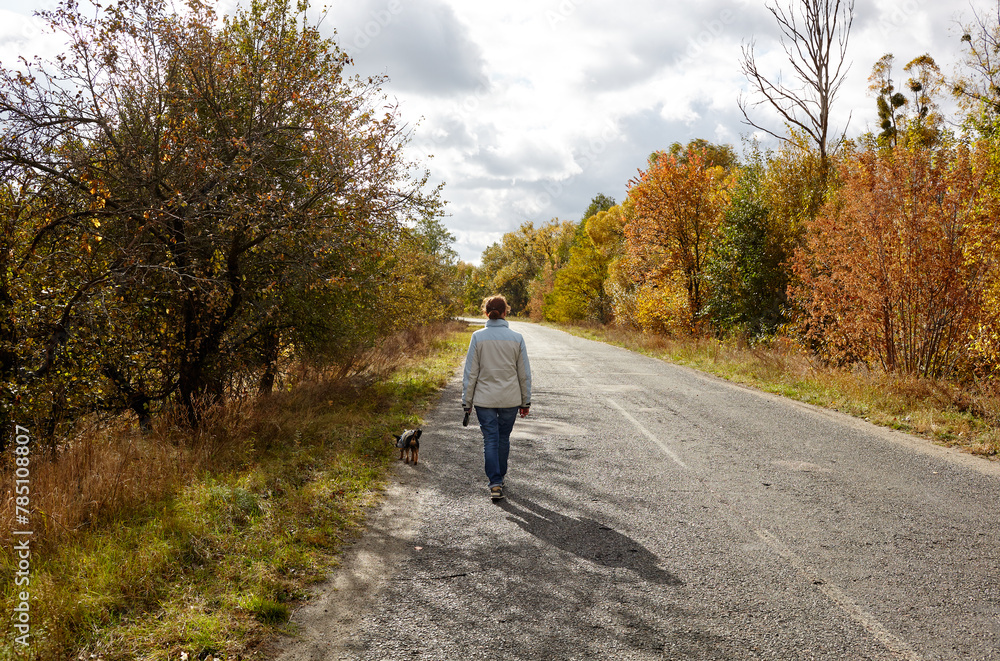 Owner walking with a dog on nature. Friendship of a dog and a woman Owner walking with a dog on nature. Friendship of a dog and a woman