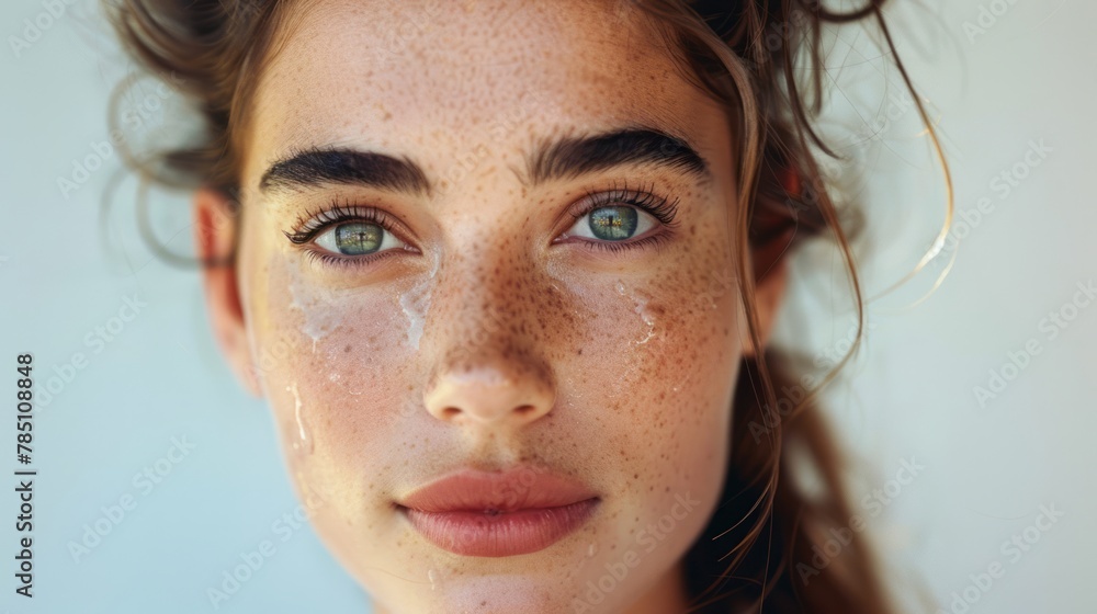 Detailed portrait of a young woman with water droplets on face, freckles, and green eyes against a light blue sky.