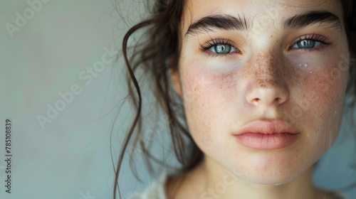Close-up portrait of a young woman with freckles, blue-green eyes, and messy hair on a teal background.