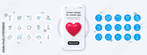Phone mockup with 3d heart icon. Champagne, Alcohol free and Food delivery line icons. Pack of Pistachio nut, Cocktail, Medical food icon. Ice cream, Burger, Martini glass pictogram. Vector