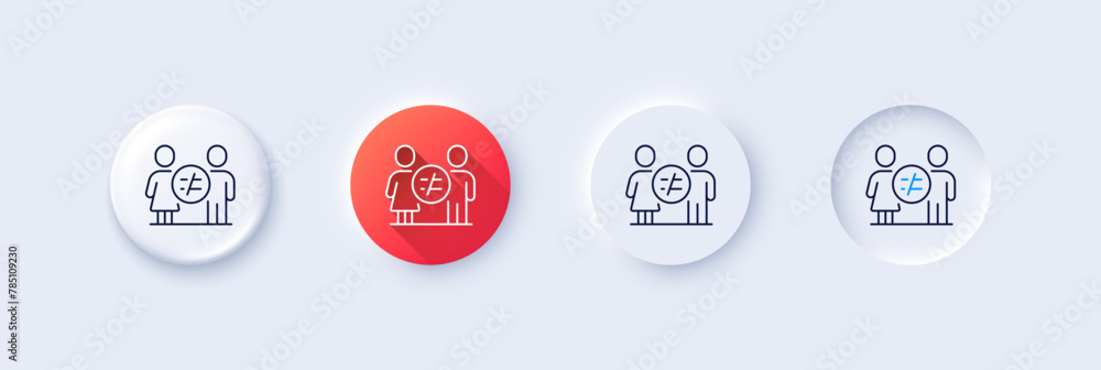 Discrimination line icon. Neumorphic, Red gradient, 3d pin buttons. Gender inequality sign. Equality balance symbol. Line icons. Neumorphic buttons with outline signs. Vector Discrimination line icon. Neumorphic, Red gradient, 3d pin buttons. Gender inequality sign. Equality balance symbol. Line icons. Neumorphic buttons with outline signs. Vector