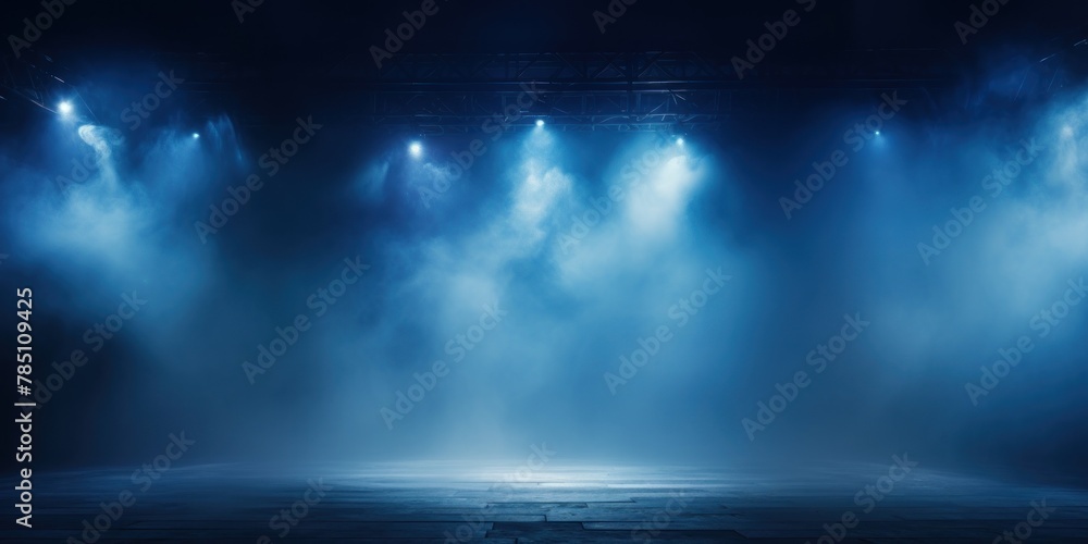 Fototapeta premium Blue stage background, blue spotlight light effects, dark atmosphere, smoke and mist, simple stage background, stage lighting, spotlights