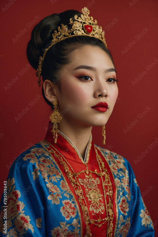 A woman in traditional Chinese clothing and gold crown poses for a portrait against a red background A woman in traditional Chinese clothing and gold crown poses for a portrait against a red background