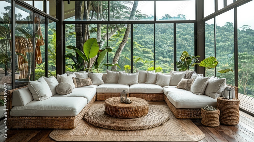A nature-inspired seating area featuring a rattan sectional sofa, a driftwood side table, and floor-to-ceiling windows showcasing panoramic views of lush greenery. Generative AI.