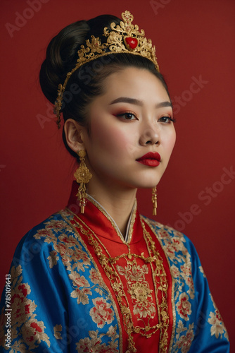 A woman in traditional Chinese clothing and gold crown poses for a portrait against a red background