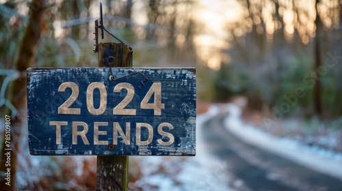 Weathered 2024 trends sign on a woodland path. Rustic trend forecasting concept with natural background for design and print