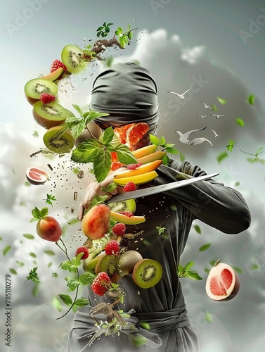 A ninja demonstrates their prowess by slicing through an array of assorted fruits with unparalleled speed ,