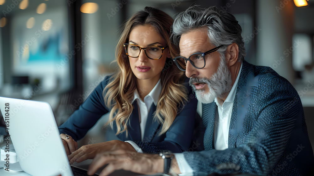 Fototapeta premium couple using laptop, couple engages intently with a laptop, collaborating on work in a modern cozy cafe environment