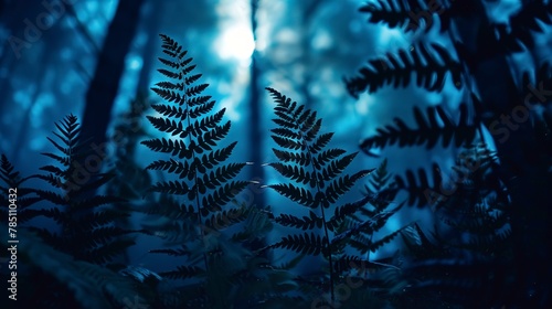 Silhouetted ferns, forest night, close-up, low angle, soft moonlight filter 