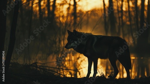 Wolf silhouette, forest boundary, close-up, ground-level camera, dusk's dim light  © Thanthara