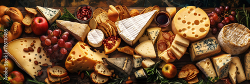 An indulgent cheese platter arranged with a variety of cheeses, accompanied by fruits, nuts, and wine