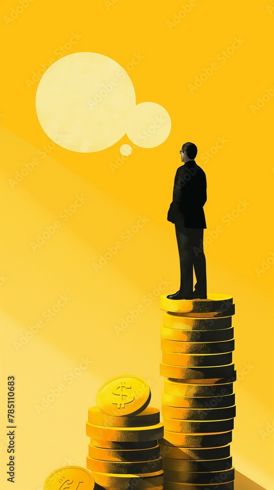 A Vertical Mobile Wallpaper Background Depicting A Man Standing On A Stack Of Coins. A Vertical Mobile Wallpaper Background Depicting A Man Standing On A Stack Of Coins.